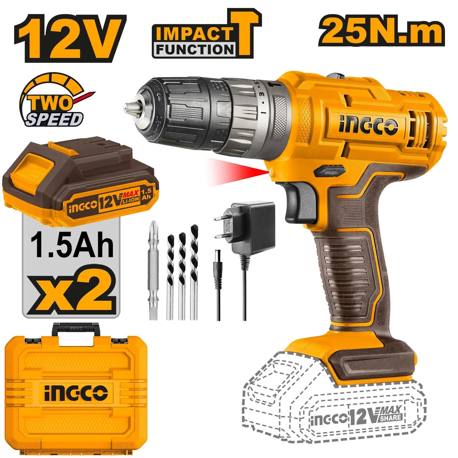 CIDLI1228_462efea1-df6b-4cf1-beb INGCO 12V 25nm Cordless Impact Drill, 10mm Keyless Chuck (CIDLI1228) - Image 1