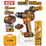 INGCO 42V 99nm Brushless Cordless Impact Drill, 13mm Metal Chuck (CIDLI429982)