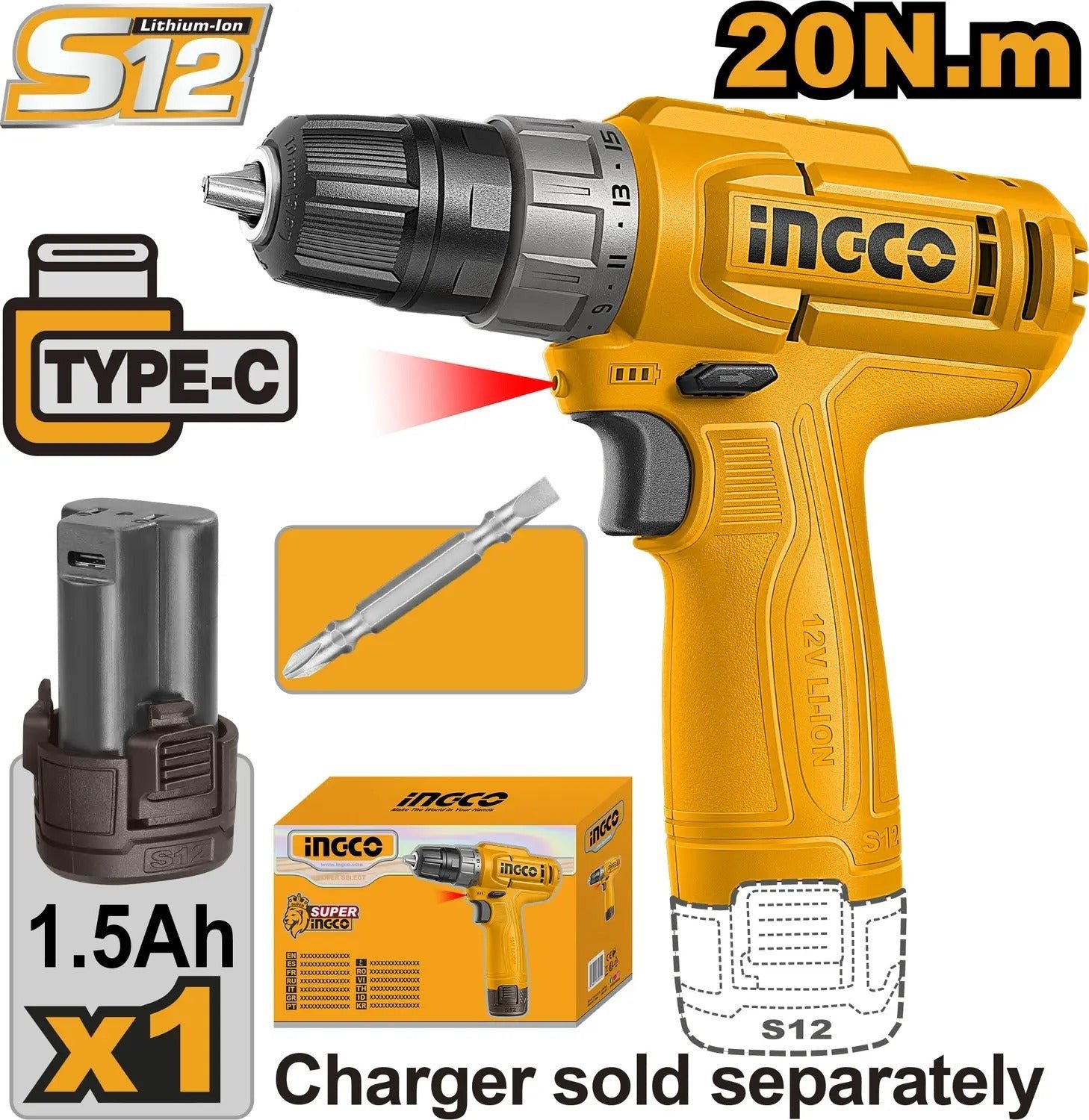 imgi_32_10-cdli12456-ingco-origi INGCO 12V Cordless Drill 20Nm, 10mm Keyless Chuck (CDLI12456) - Image 1